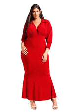 Red Plus Size Collared Deep V Maxi Dress