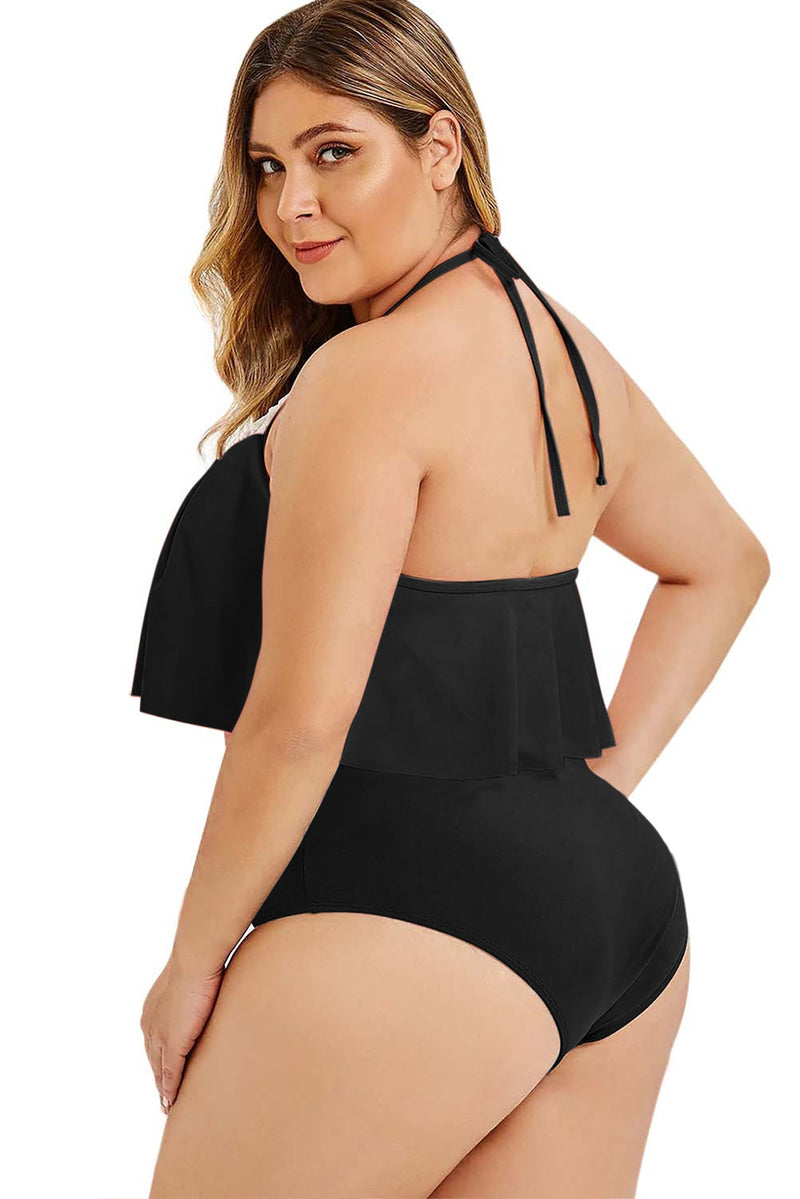 Black Halter Crochet Panel Overlay Plus Size Tankini Set