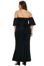 Black Sexy Strapless Drop Shoulder Plus Size Maxi Dress with Ruffles