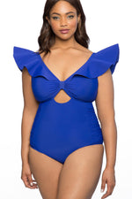 Blue Ruffle Shoulder Plus Size One-piece Swimwear