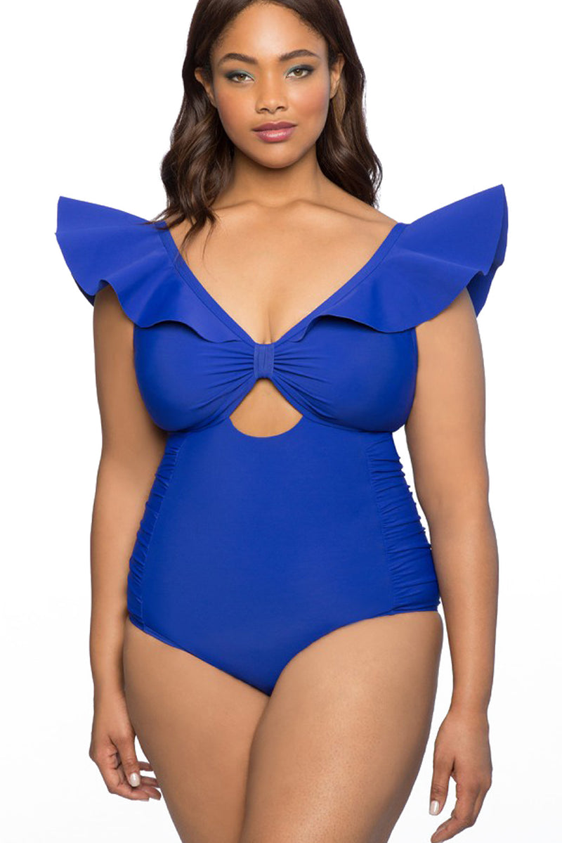 Blue Ruffle Shoulder Plus Size One-piece Swimwear