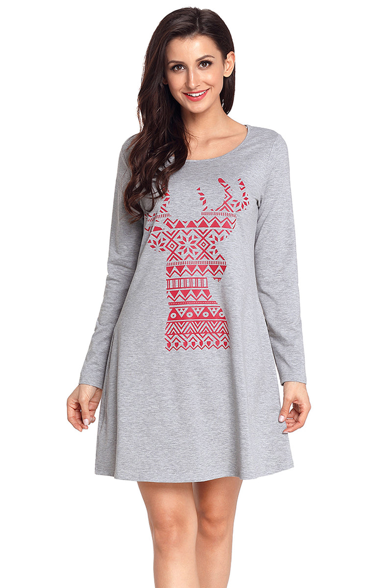 Geometric Snowflake Reindeer Grey Christmas T-shirt Dress