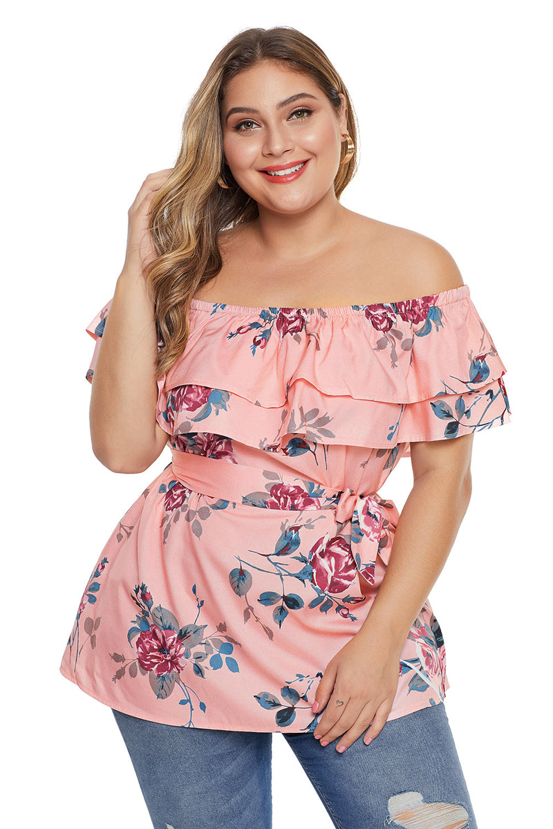 Pink Plus Size Floral Tiered Off the Shoulder Top