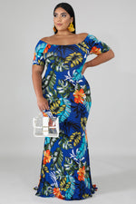 Green Off-the-shoulder Floral Print Plus Size Maxi Dress