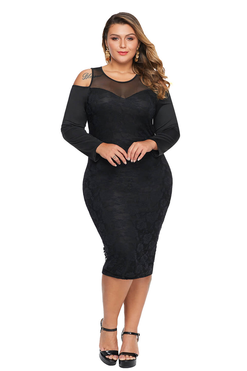 Black Cold Shoulder Mesh Yoke Plus Size Dress