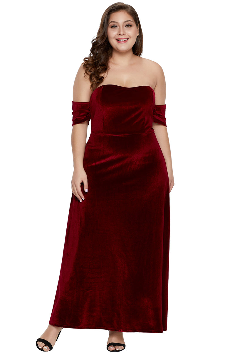 Burgundy Sweetheart Bandeau Off Shoulder Plus Velvet Gown