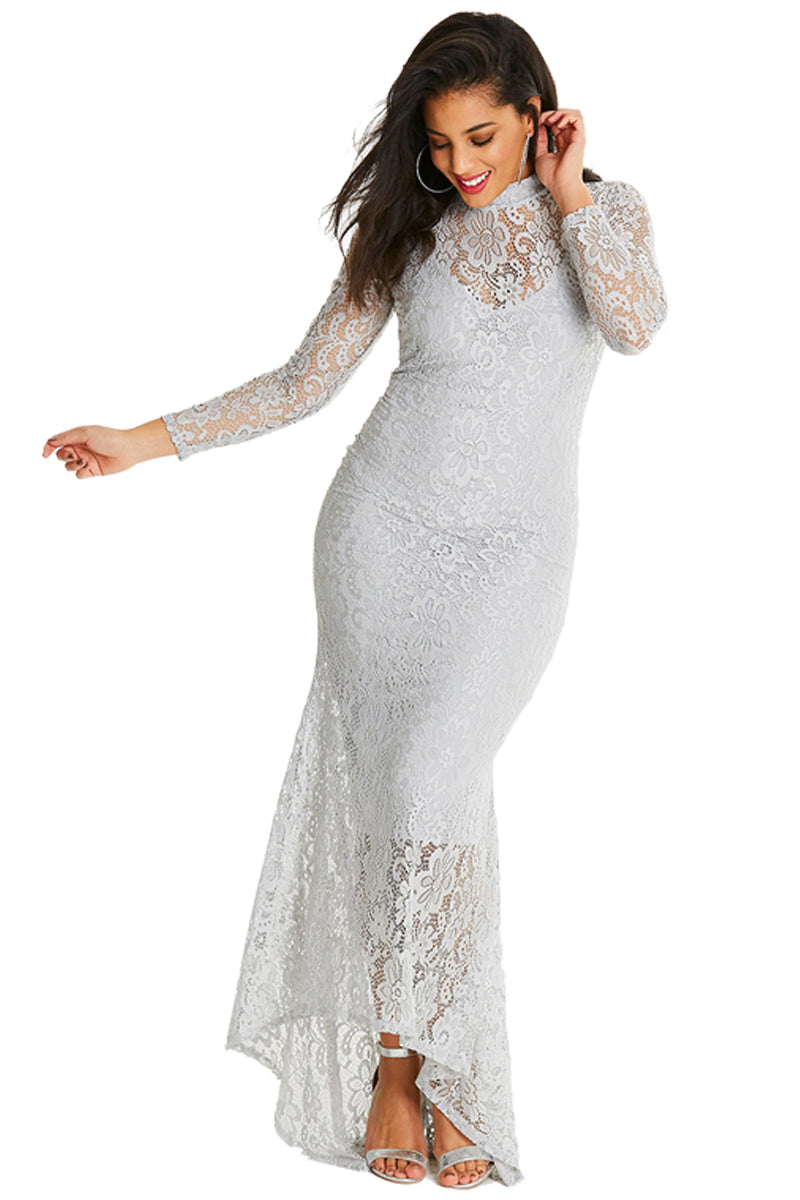 White Plus Size High Neck Lace Fishtail Maxi Dress