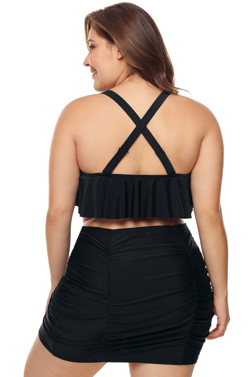 Black Strappy Ruffle Plus Size Two Piece Swimwear