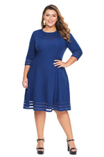 Blue 3/4 Length Sleeve Gauze Patchwork Flare Plus Size Dress