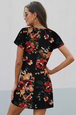 Black Floral Print Short Sleeve Side Knot T-shirt Dress