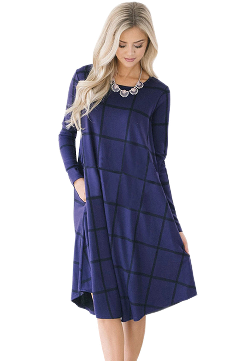 Navy Blue Checked Long Sleeve Casual Midi Dress