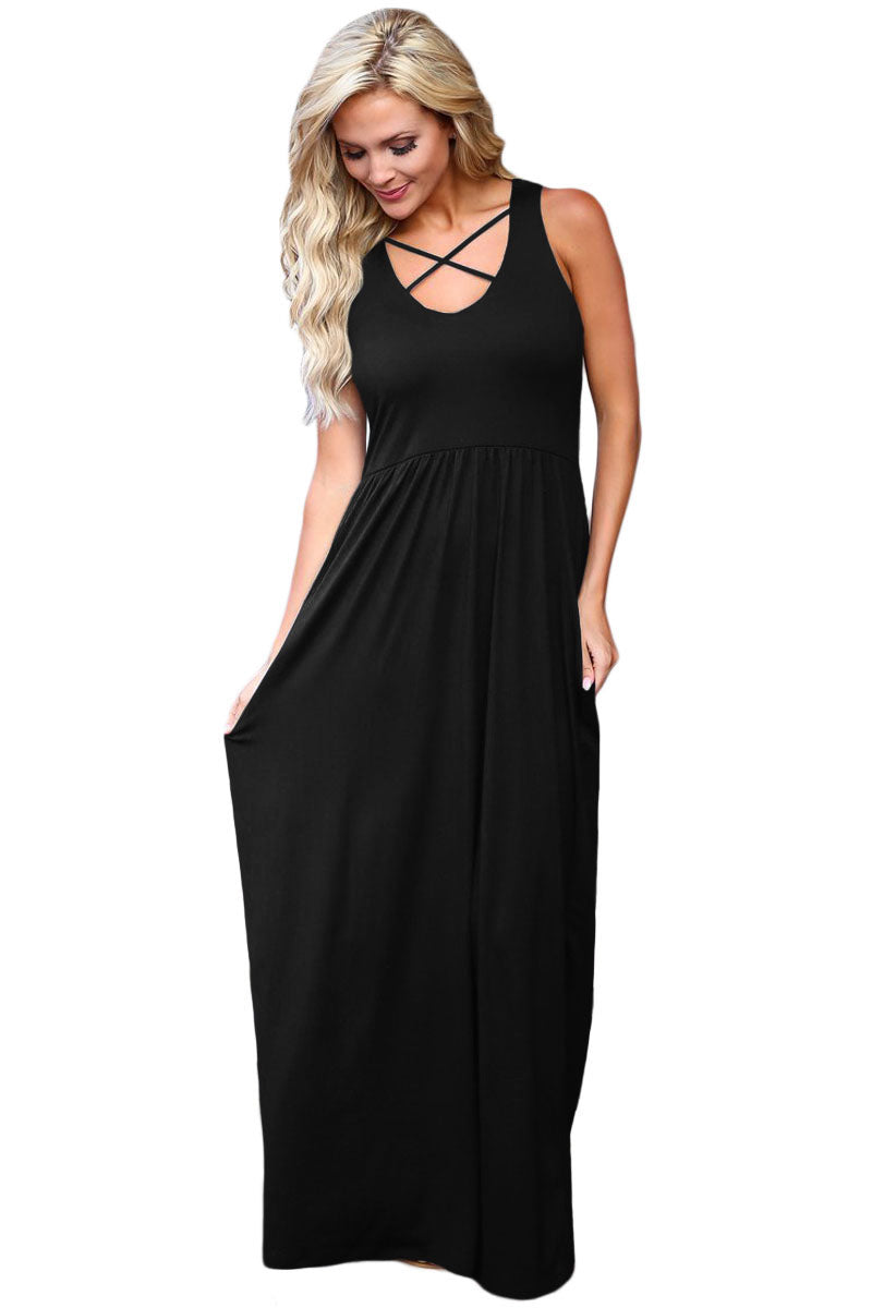 Black Crisscross Neck Detail Sleeveless Maxi Dress