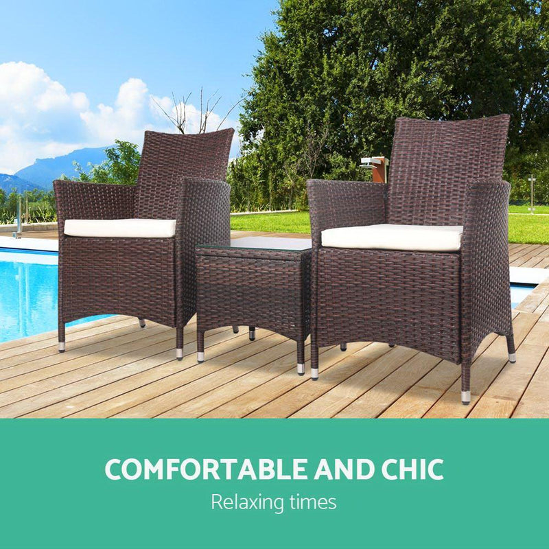 Gardeon 3 Piece Wicker Outdoor Furniture Set - Brown