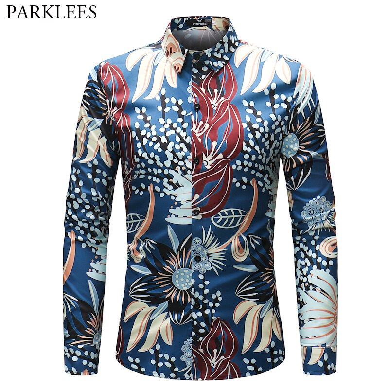 Flower Print Slim Fit Shirt Men Autumn New Long Sleeve