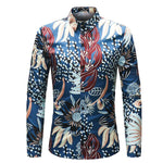 Flower Print Slim Fit Shirt Men Autumn New Long Sleeve