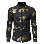 Men's 3D Shiny Gold Rose Print Slim Fit Long Sleeve