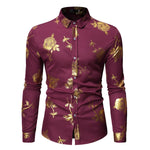 Men's 3D Shiny Gold Rose Print Slim Fit Long Sleeve