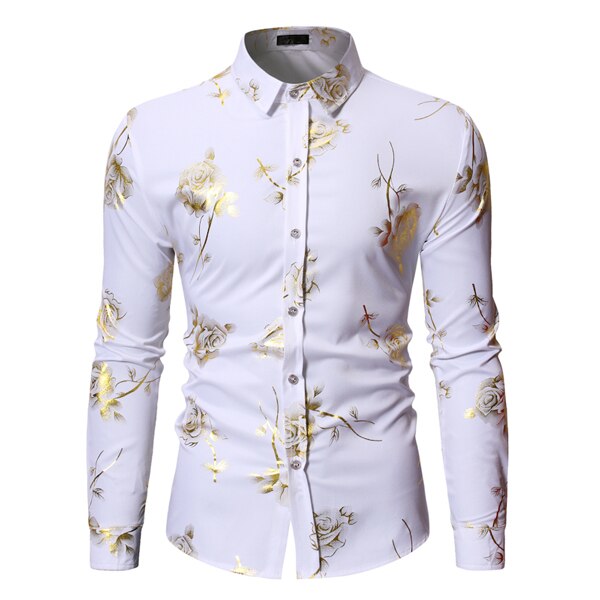 Men's 3D Shiny Gold Rose Print Slim Fit Long Sleeve