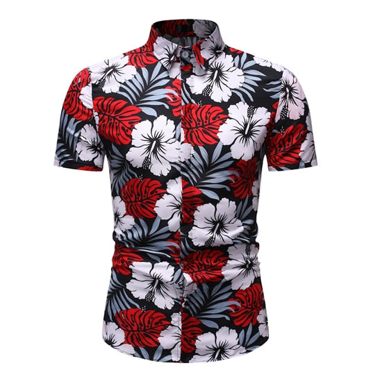 White Floral Print Hawaiian Shirt Men