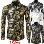 Mens Gold Floral Shirts Shiny Slim Fit Bronzing Shirt