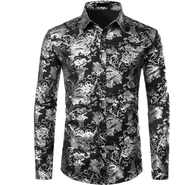 Mens Gold Floral Shirts Shiny Slim Fit Bronzing Shirt