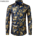 Mens Gold Floral Shirts Shiny Slim Fit Bronzing Shirt