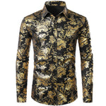 Mens Gold Floral Shirts Shiny Slim Fit Bronzing Shirt