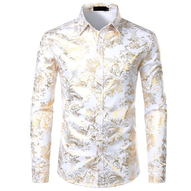 Mens Gold Floral Shirts Shiny Slim Fit Bronzing Shirt