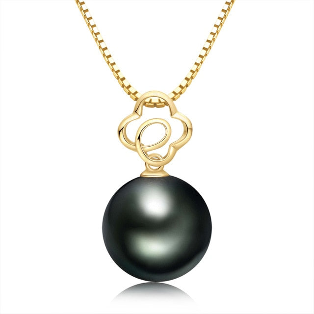 18K Solid Gold Black Pearl Pendant Hollow Flower Natural Tahiti Pearl