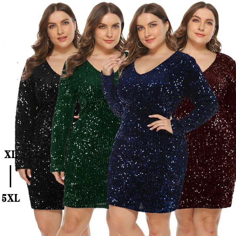 Long Sleeves V Neck Sequin Dress