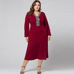 Plus Size Red Dress Women Spring Autumn Sequined V Neck