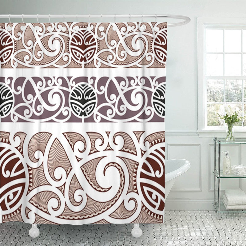 Brown Tattoo Maori Styled Pattern Polynesian Tribal Wave Armband Shower Curtain Waterproof Polyester Fabric 60 x 72 inches Set