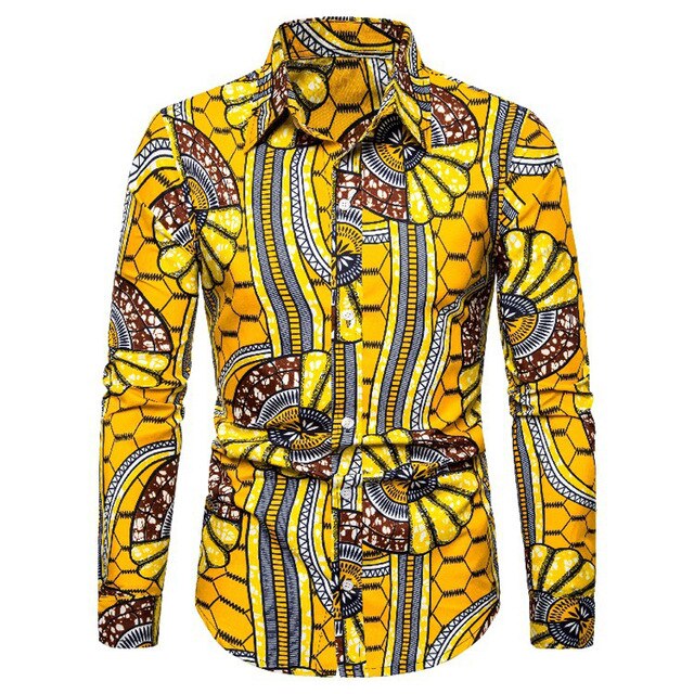 African Wax Print Dress Shirt Men Long Sleeve