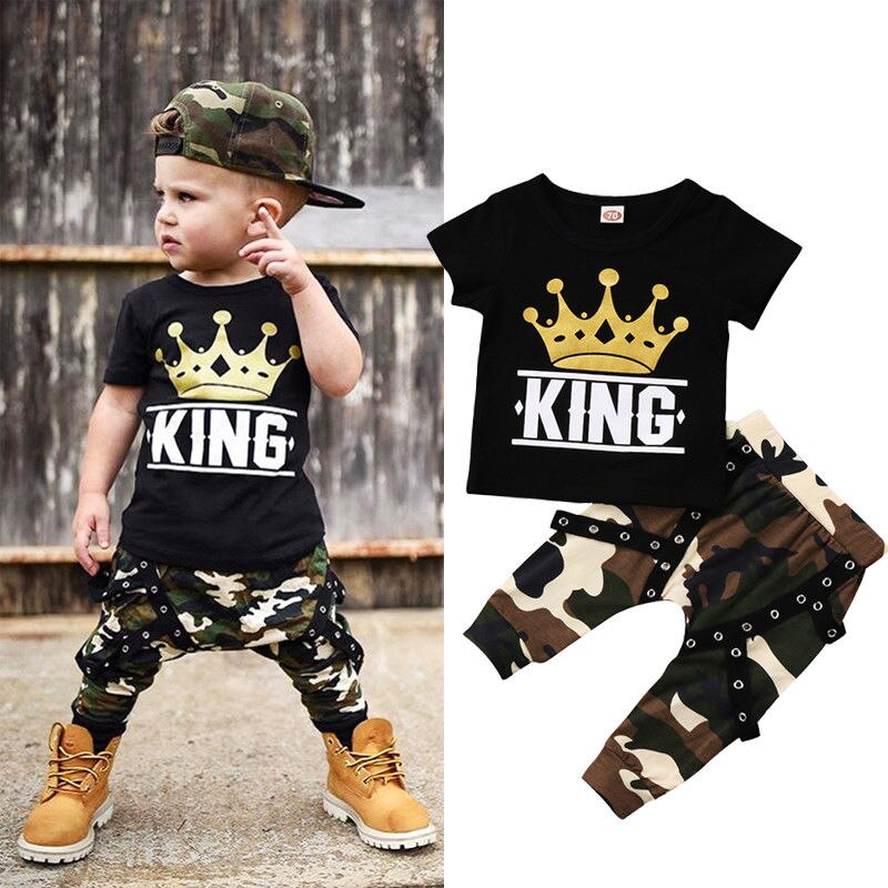 2pcs Kids Toddler Baby Boys Clothes Set Print Tops