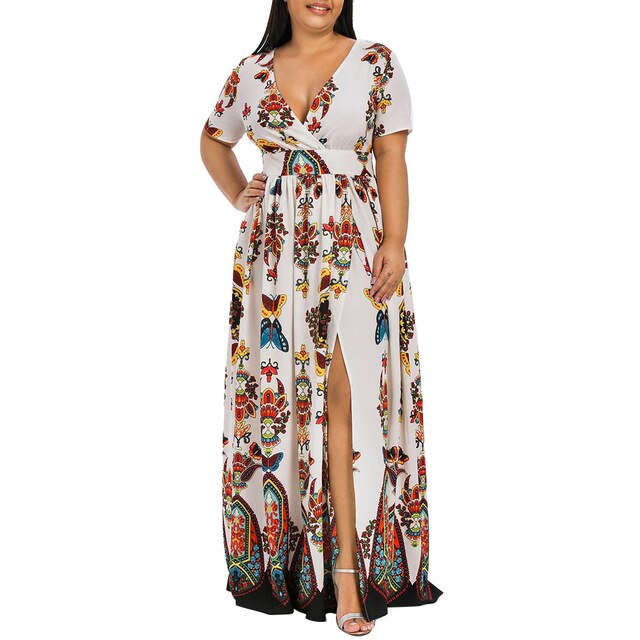 Plus Size 5XL Women Dress Butterfly Print V-Neck