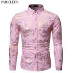 Gold Rose Print Pink Shirt Men 2019 Stylish Slim Fit