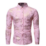 Gold Rose Print Pink Shirt Men 2019 Stylish Slim Fit