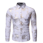 Gold Rose Print Pink Shirt Men 2019 Stylish Slim Fit