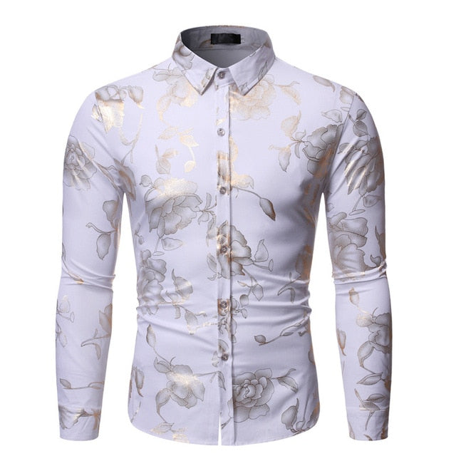 Gold Rose Print Pink Shirt Men 2019 Stylish Slim Fit