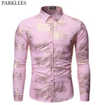 Gold Floral Print Party Shirt Men Autumn New Slim Fit