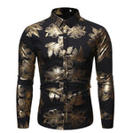 Gold Floral Print Party Shirt Men Autumn New Slim Fit