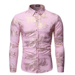 Gold Floral Print Party Shirt Men Autumn New Slim Fit