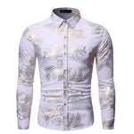 Gold Floral Print Party Shirt Men Autumn New Slim Fit