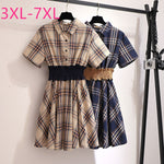 2020 summer plus size shirt dress for women large loose casual short sleeve plaid elastic mini dresses blue 3XL 4XL 5XL 6XL 7XL