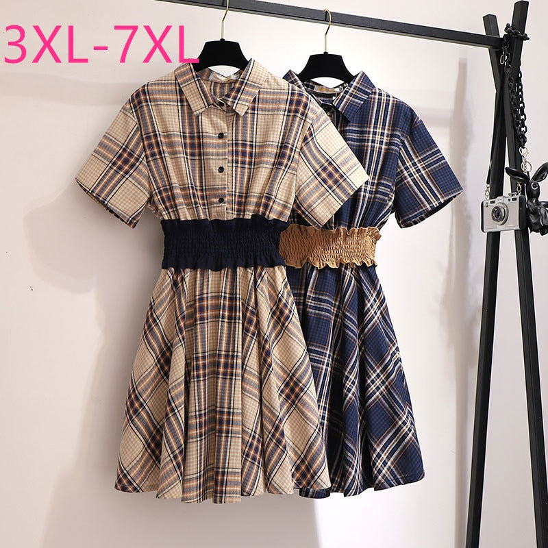 2020 summer plus size shirt dress for women large loose casual short sleeve plaid elastic mini dresses blue 3XL 4XL 5XL 6XL 7XL