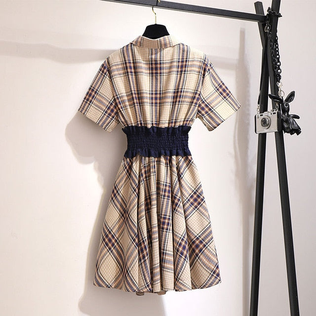 2020 summer plus size shirt dress for women large loose casual short sleeve plaid elastic mini dresses blue 3XL 4XL 5XL 6XL 7XL