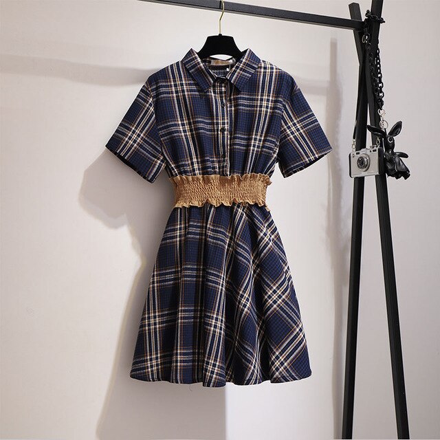 2020 summer plus size shirt dress for women large loose casual short sleeve plaid elastic mini dresses blue 3XL 4XL 5XL 6XL 7XL