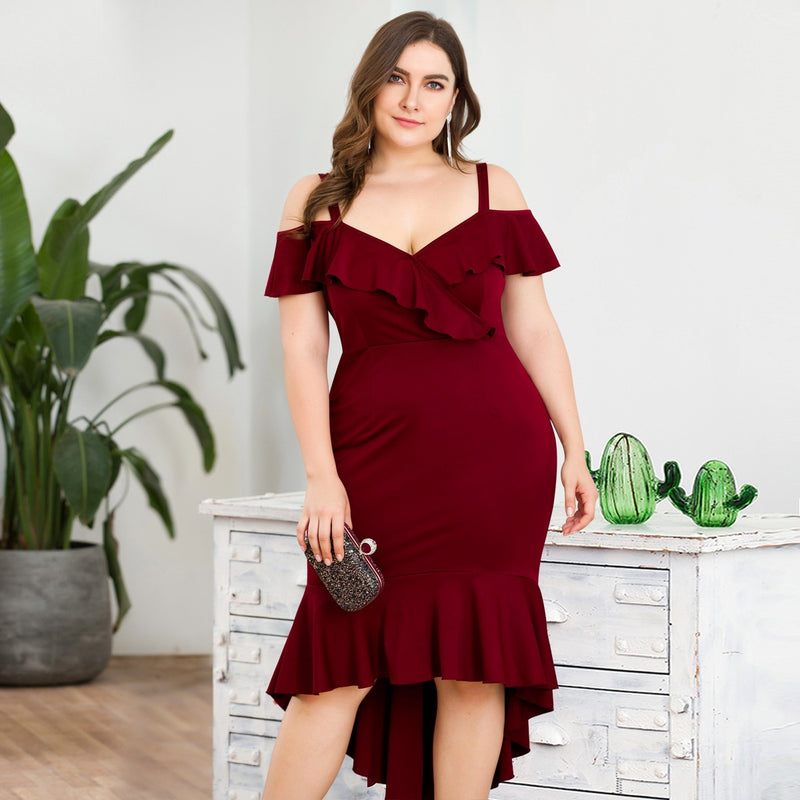 Plus Size Sexy Cocktail Dresses Ruffles V-Neck