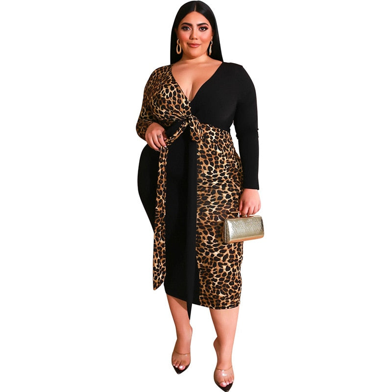 Plus Size Dress Womens Leopard Dress Lace Up Sexy V Neck