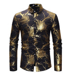 Mens Gold Floral Shirts Shiny Slim Fit Bronzing Shirt